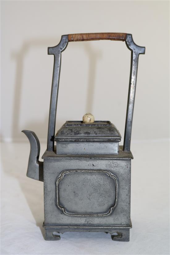 A Chinese pewter rectangular teapot, 19th century, height 21cm, faults